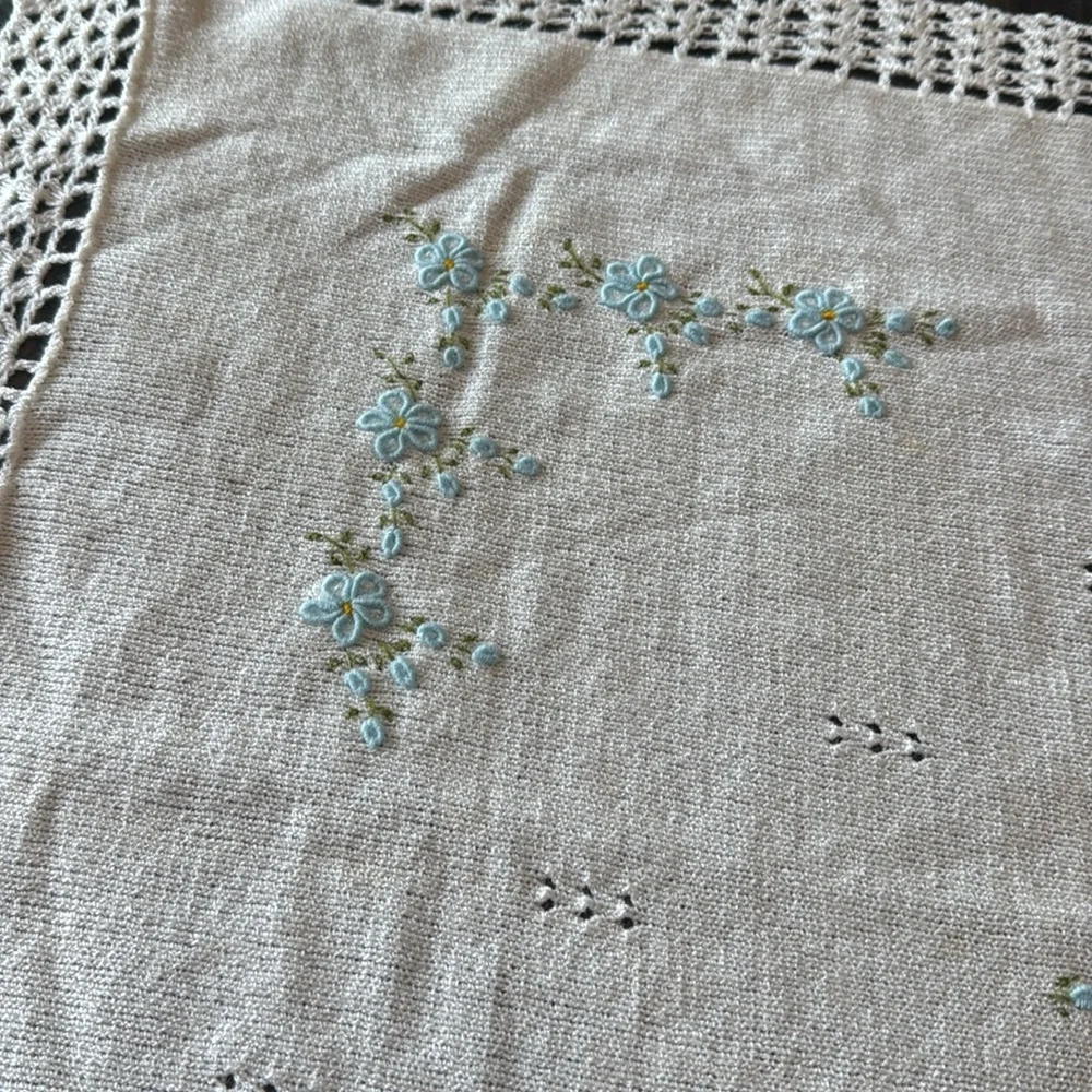 Handcrafted Vintage Baby Set - white Creamy color and knitted floral accent Blue
